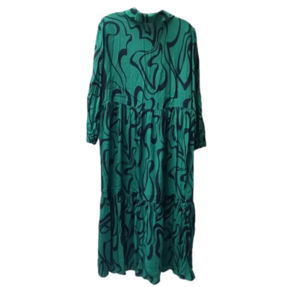 Zara Green Black Print Long Sleeve Midi Dress M - Picture 3 of 12